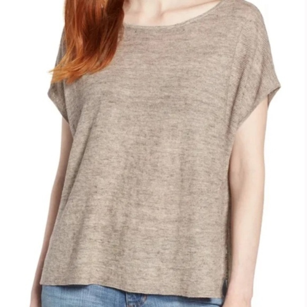 Eileen Fisher 100% Organic Linen Melange Bateau Neck Knit Tan Top Small